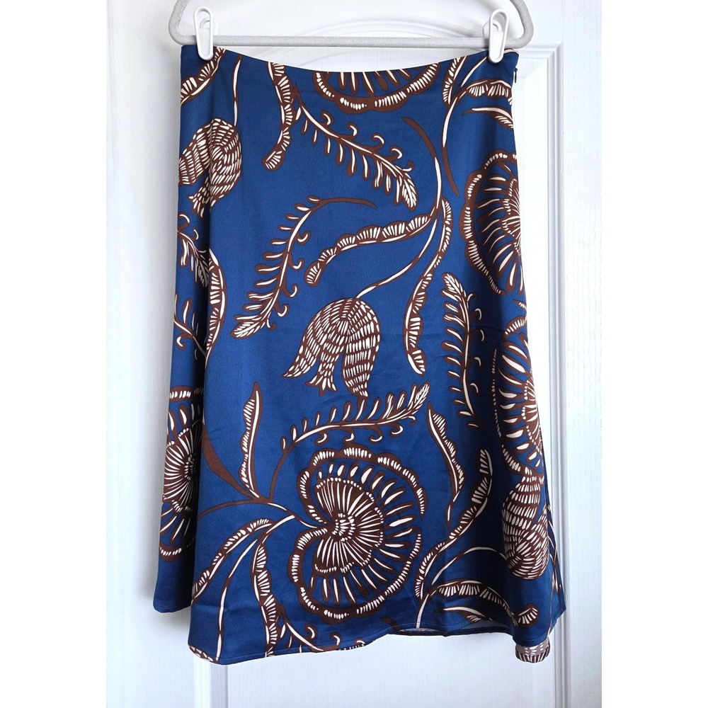 Ann Taylor Blue Brown Floral Botanical A-Line Midi Satin Slip Skirt Sz 10 - Picture 2 of 4